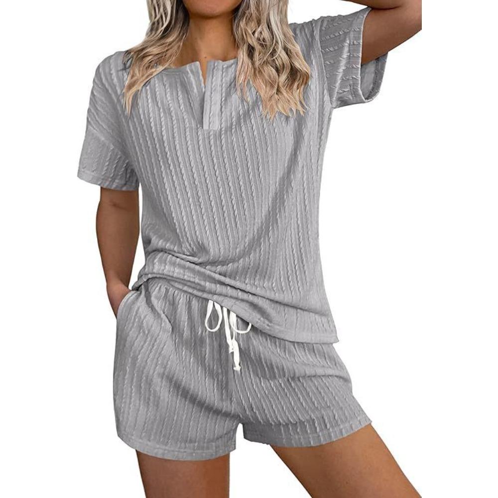 Simple Style Women's Sleepwear with Texture and Patterned Cotton Short-Sleeved Shorts Set with V-Neck Pockets for Home Use