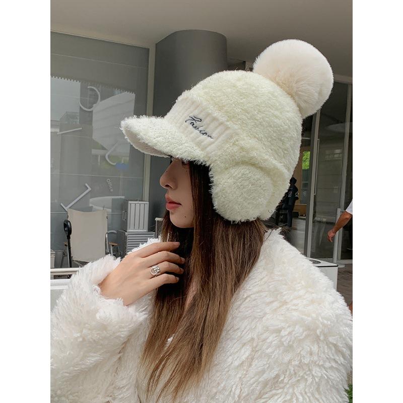 Hat Women's Winter Versatile Fashion Warm Knitted Wool Hat Cycling Windproof Cold-proof Fleece Ear Protector