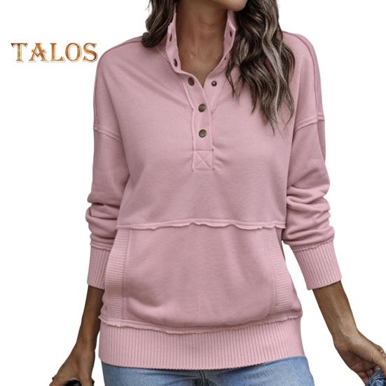 Fall Spring Women Sweatshirt Half-open Stand Collar Solid Color Loose Pullover with Big Pocket Elastic Cuffs OL Commuting Daily Top