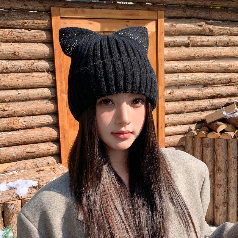 Cat Ear Wool Hat Women's Autumn and Winter New Warm Cute Knitted Hat Casual Hat Soft Warm Pullover for Big Heads, Cute Gift Hat for Cold Weather