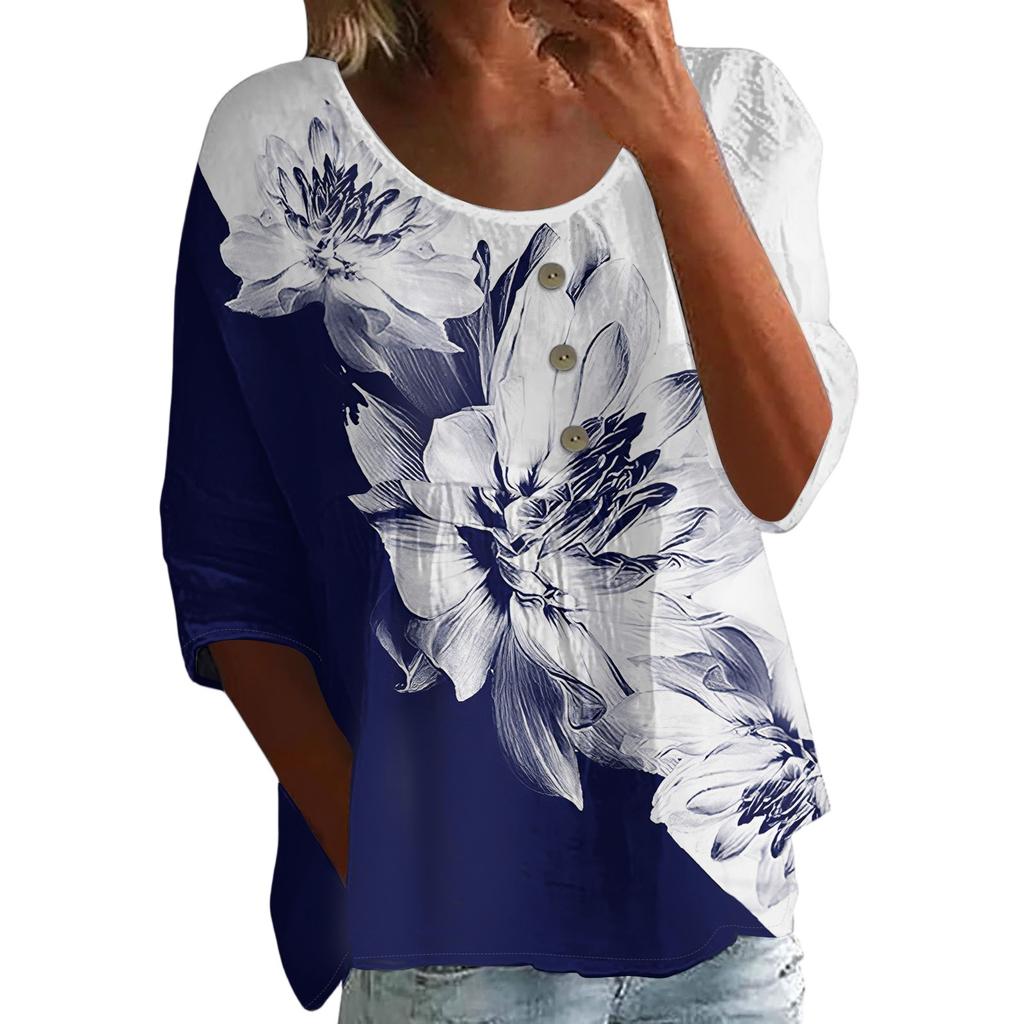 Women's Fashion Casual Three-quarter Sleeve Loose Round Neck Button Floral Print Top