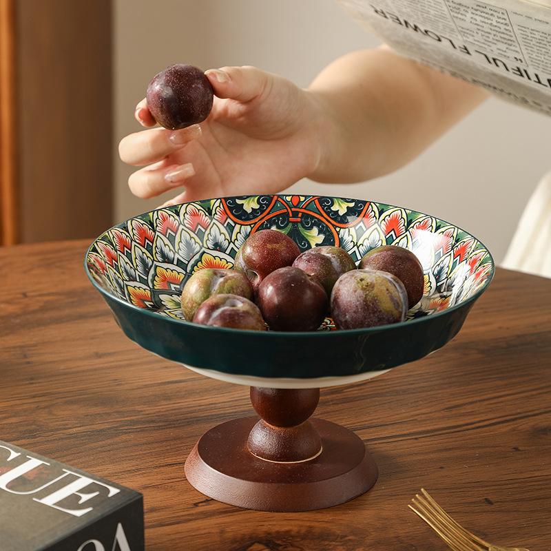 Bohemian Style Ceramic Fruit Plate Handmade Under Glaze Color High Foot Snack Dish for Living Room