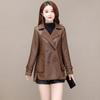 Herbst-Winter-Damenjacke aus dickem Fleece, Kunstleder, Patchwork, beidseitig, mittellang, große Taschen, zweireihiger Mantel mit Reverskragen