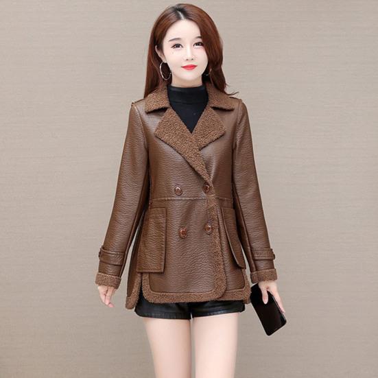 Herbst-Winter-Damenjacke aus dickem Fleece, Kunstleder, Patchwork, beidseitig, mittellang, große Taschen, zweireihiger Mantel mit Reverskragen