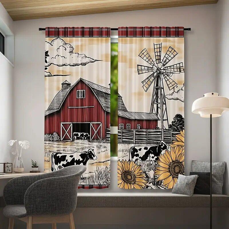 Retro farmhouse print curtains, pole bag curtains 42*84, bedroom and living room, home decoration, room decoration
