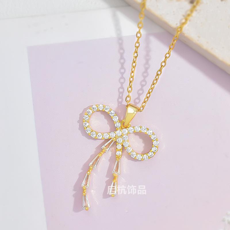 Design Bow Necklace Women'S Simple High-End Versatile Micro-Inlaid Pendant Exquisite Collarbone Chain