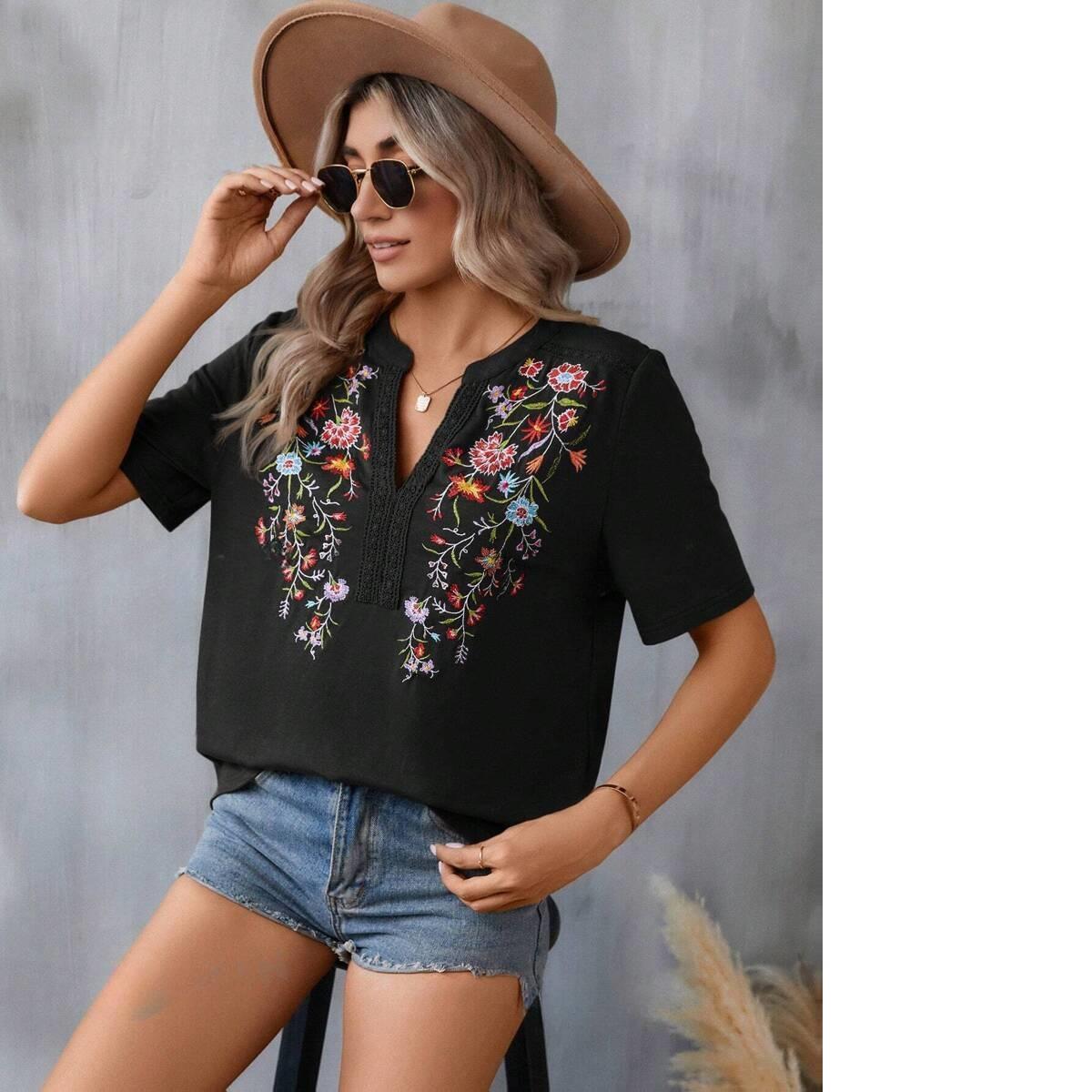 Летняя мода универсальная игольная вышивка кружевная блузка женская футболка 2XL чёрный