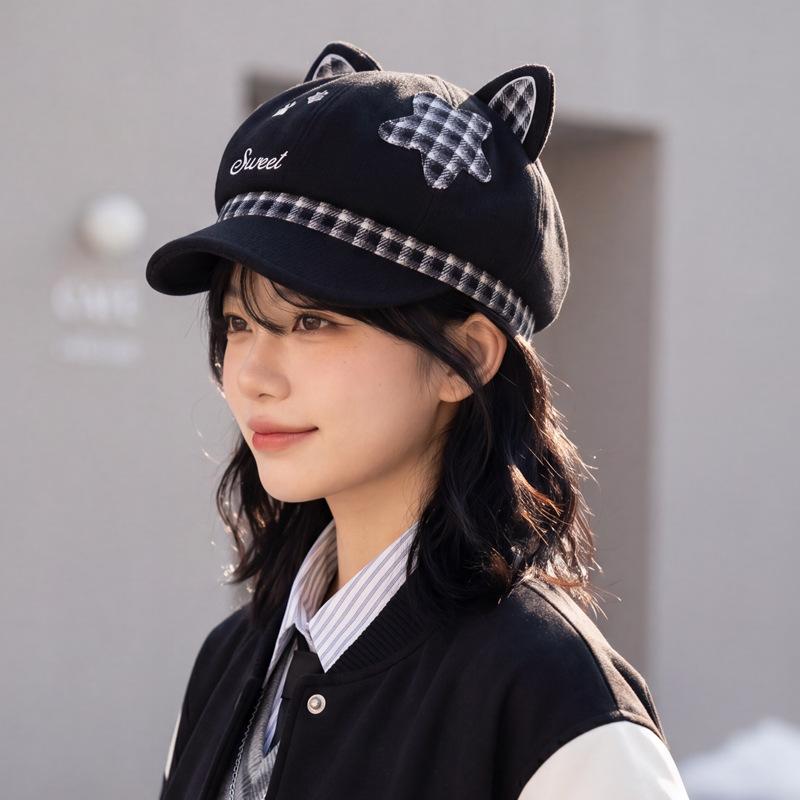 Autumn and winter pentagram cat ear hat women's cute age-reducing octagonal hat student party face small commuter thermal hat