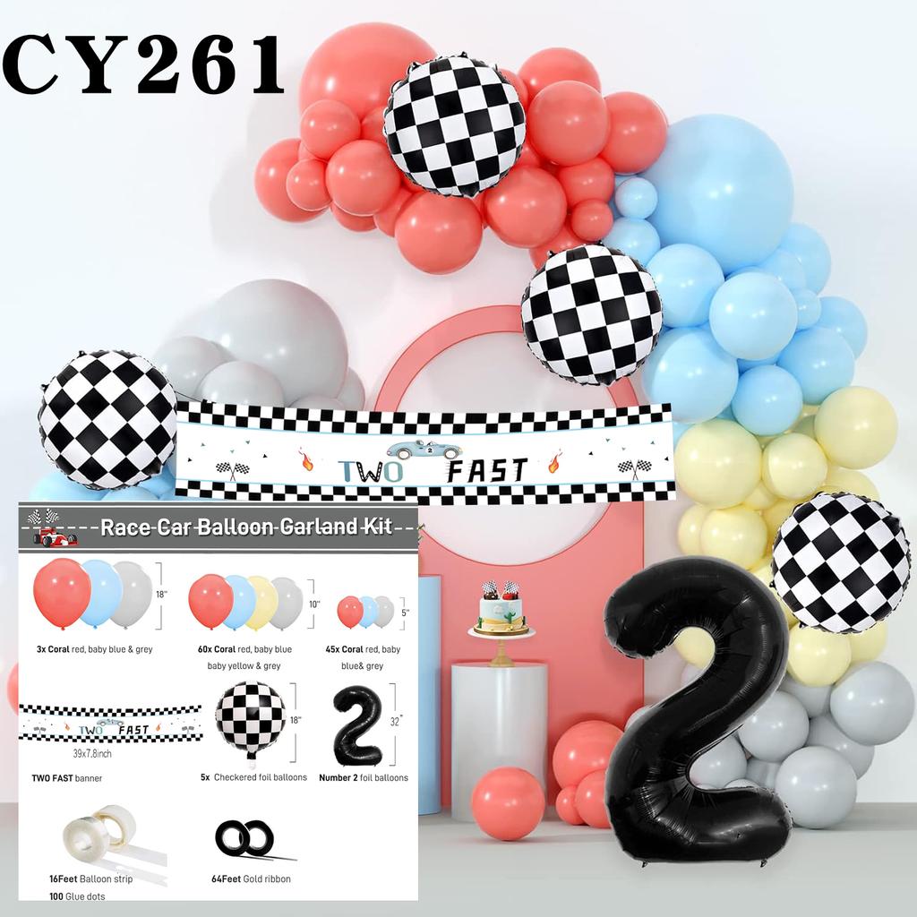 Balloon Set 2-year-old Racing Theme Balloon Arched Wreath Set Coral Pink Blue Yellow Balloon Birthday Party Background Wall