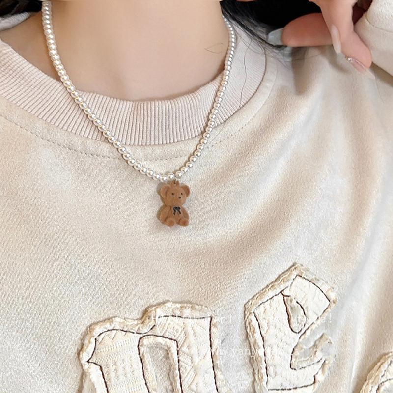 Creative Bear Pendant Choker Necklace for Men Hip Hop Punk Imitation-Pearl Beads Chain Male Y2K Luxury Jewelry Accessories