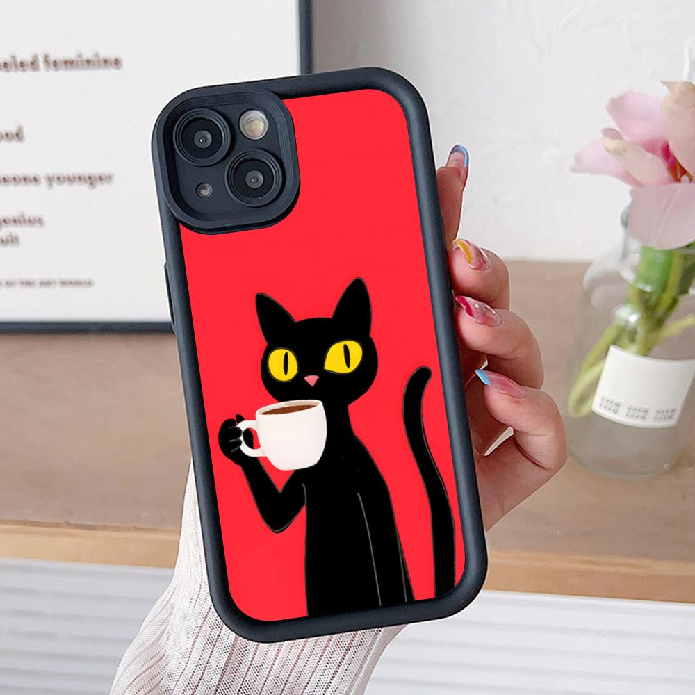Cute Coffee Cat Thicken TPU Mobile Phone Case for iPhone 17 16 15 14 13 12 11 Air Pro Max Plus Colorful Cover