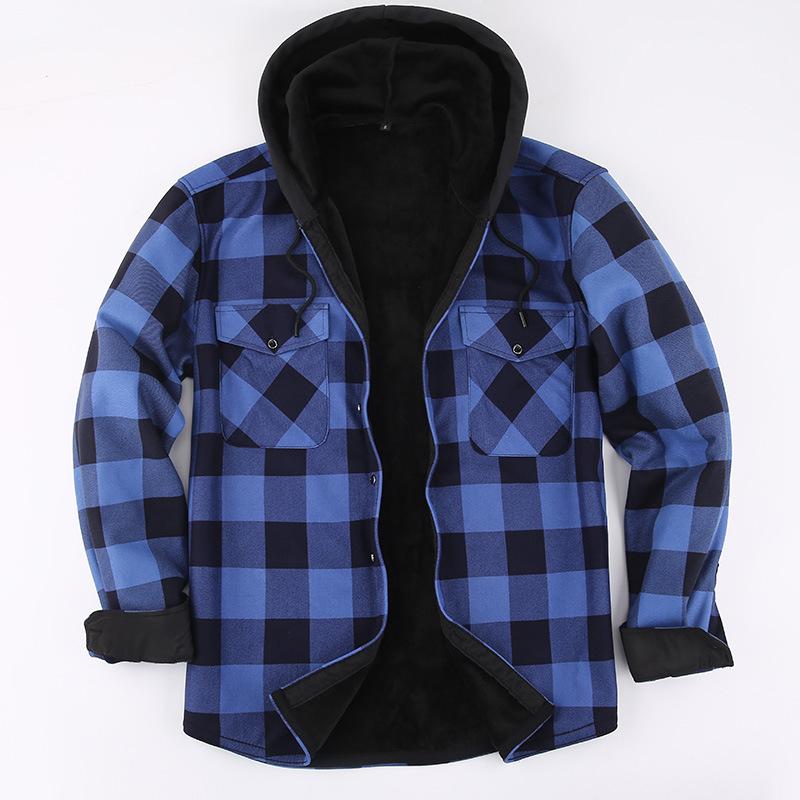 Men’s Plus Size Fleece Lined Plaid Hooded Shirt Jacket