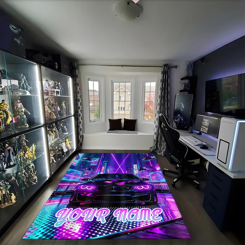 1PC Custom Name Neon City Theme Floor Mat Ideal for Living Room, Game Rooms, Office, Bedroom,Floor Mat Playful Design