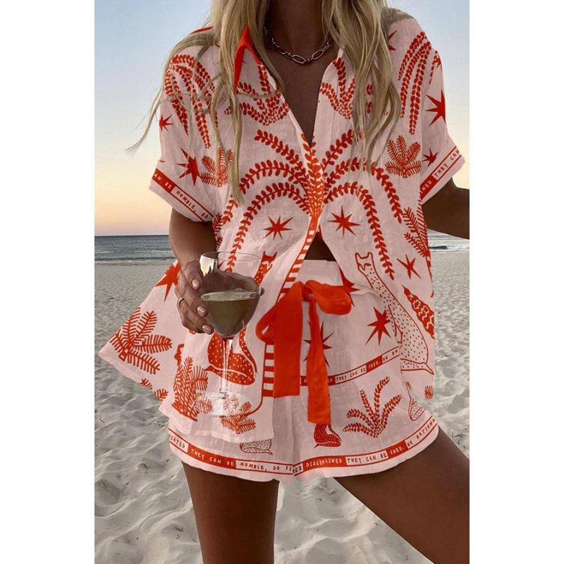 Sommar Ny Dam Tryckt Kortärmad Skjorta Set Hög Midja Löst Tryckt Shorts Tvådelat Casual Mångsidigt Set