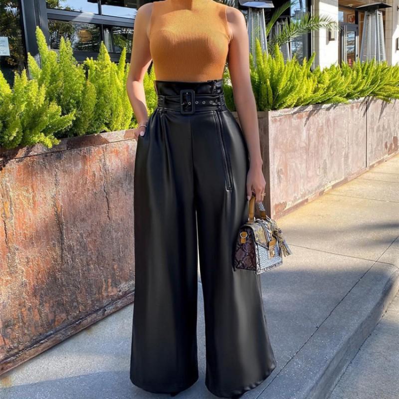 Womens High Waist Wide Leg PU Leather Pants INS Style Night Out Zip Detail Micro Stretch