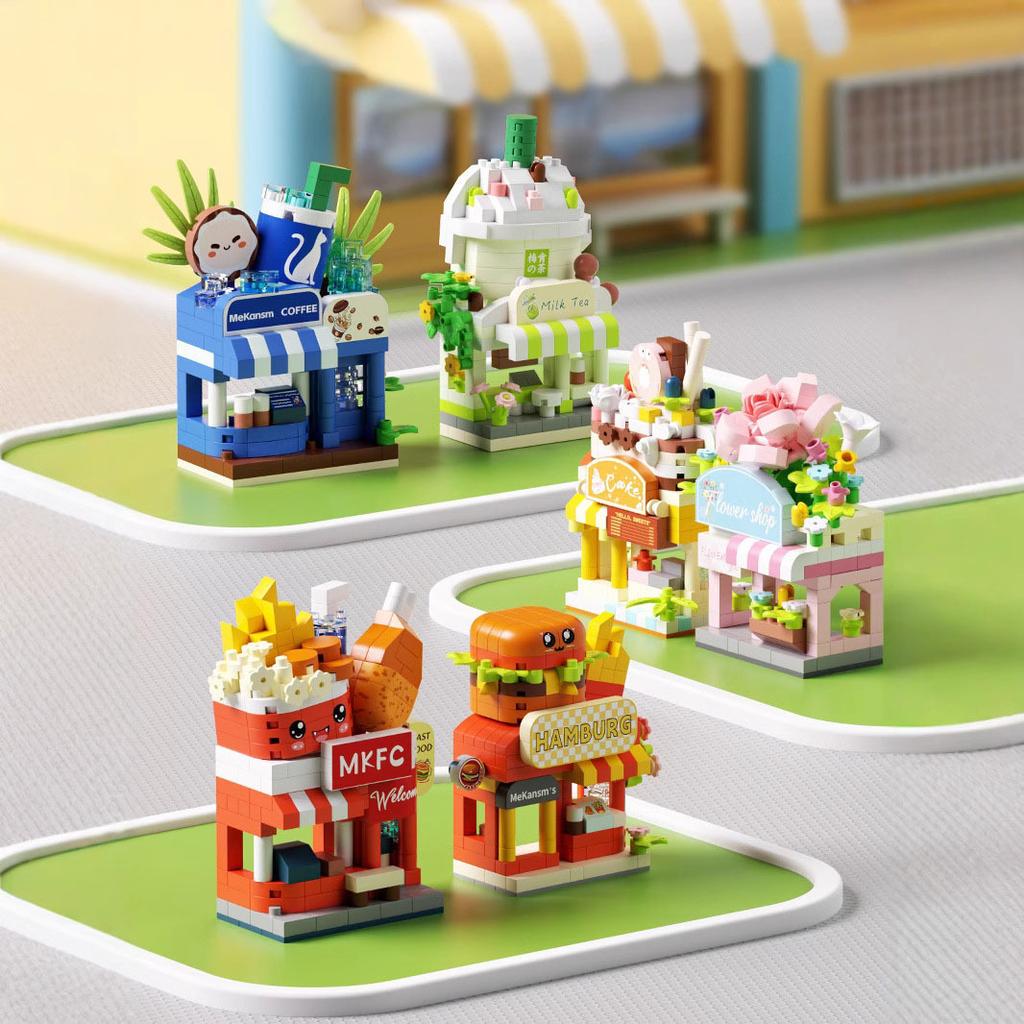 NEW DIY Hamburger Restaurant Coffee Store Flower Street View Food Building Blocks Kit Girls Bricks Movie Model Kids Toy Children