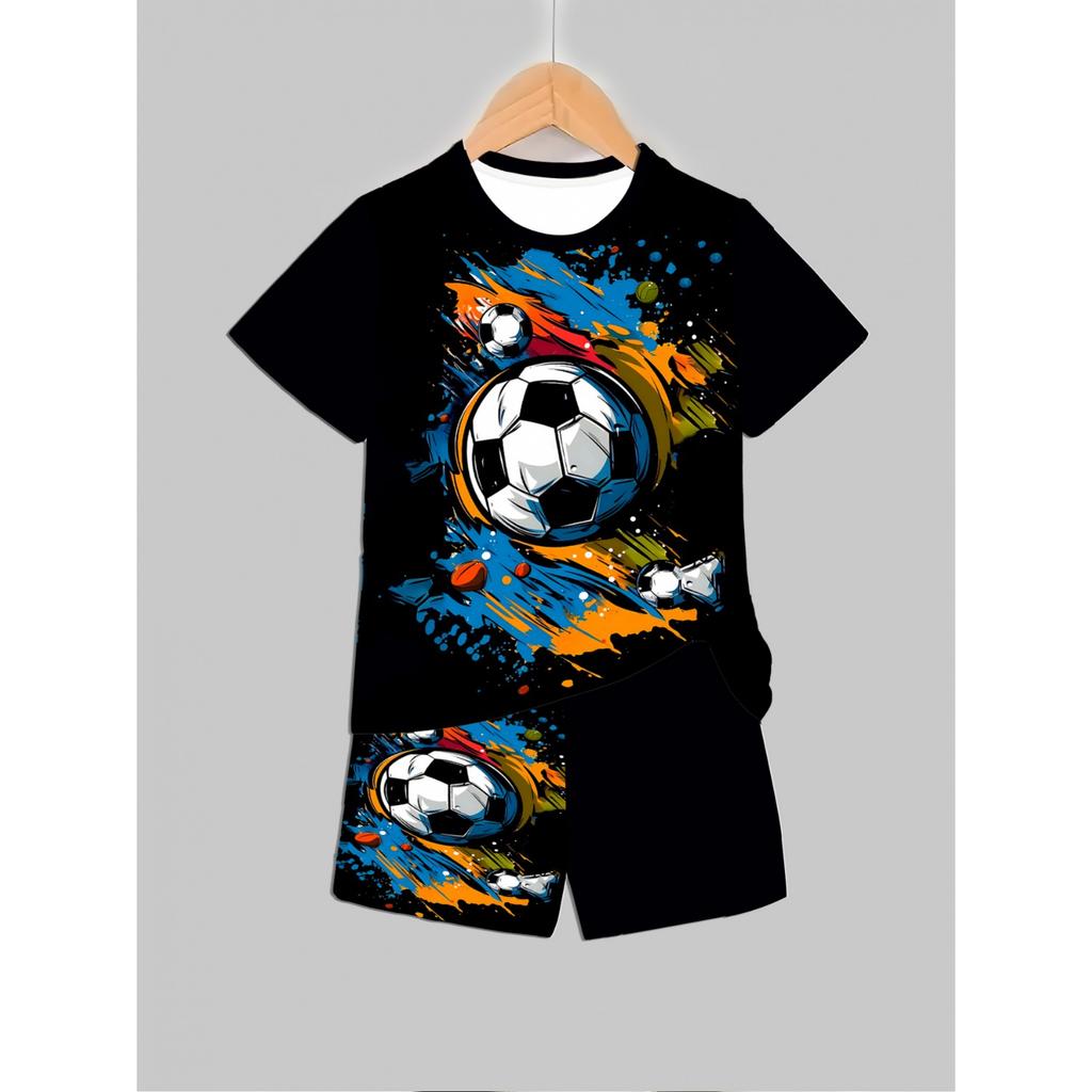 Boys' Set of Fashionable 3D Printed Casual Pullover, Short Sleeved Shorts, T Sports Shirt, Boys' Outdoor T-shirt Shorts Set