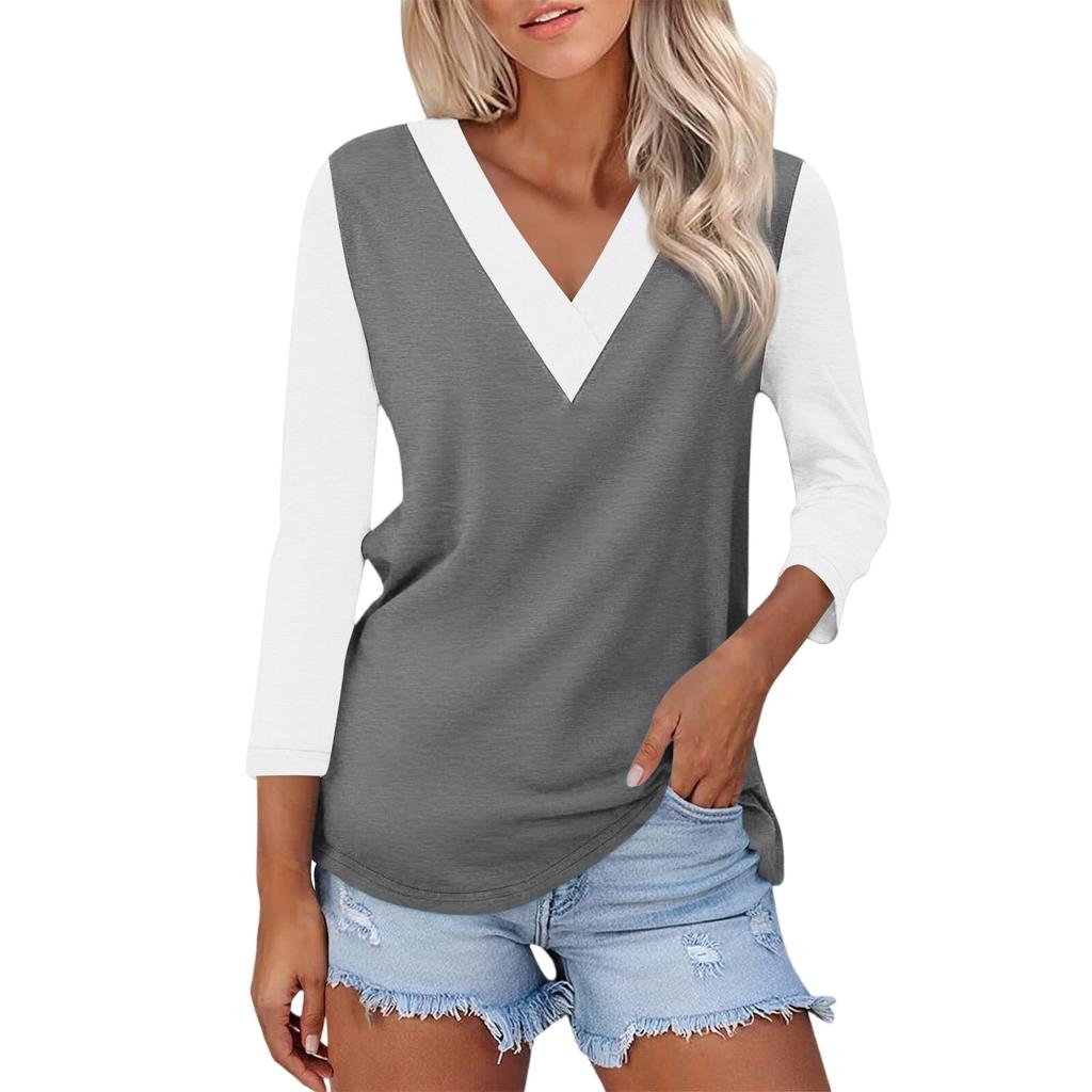 Damen Casual Mode Sexy Bequem V-Ausschnitt Farbblock Dreiviertelarm Top