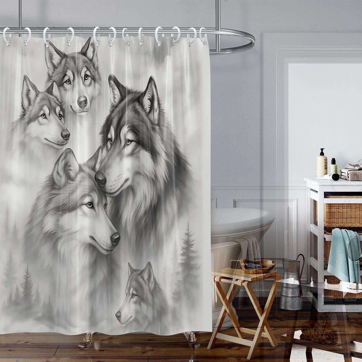 

1Pc Wolf Pattern Printed Shower Curtain, Waterproof, With 12 Hooks, Bathroom Showers, Bathtub, Fashionable Home Use 90x180cm