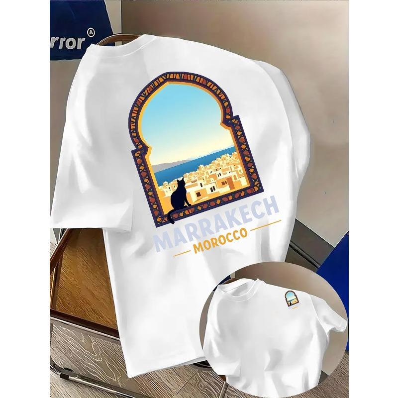 Pánské ležérní tričko evropské velikosti - "MARRAKECH" s architektonickým vzorem z Monaka - Trendy oboustranný potisk, lehké a pružné, regular fit