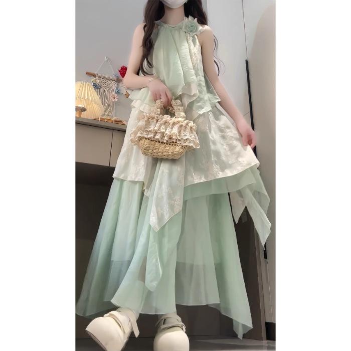 French gentle wind irregular neck dress women s summer design seaside vacation mesh splicing medium and long dress S