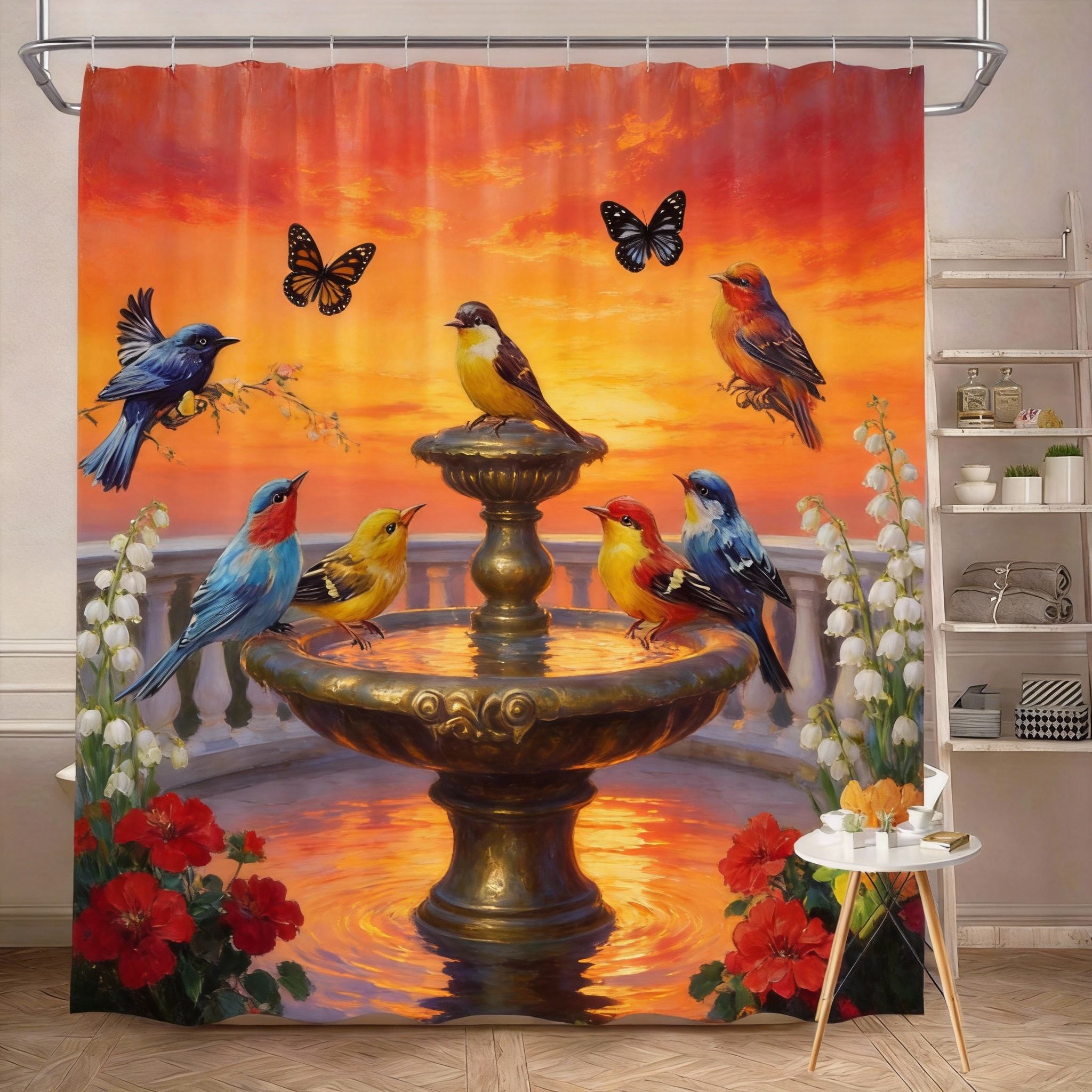 

Garden Shower Curtain 180X180Cm – Rustic Fountain With Birds & Butterflies, Floral Bathroom Decor, 12 Hooks W60H190(CM)-1 Pcs