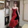 Sexy royal sister wind lace suspender V-neck dress women's summer temperament tight dress hip fish tail dress