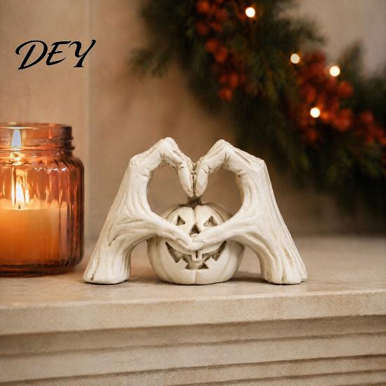 Halloween Pumpkin Figurine Gothic Skeleton Heart Hand Sculpture, Spooky Resin Abstract Statue, Gift for Collectors Shape Finger Gesture Love Ornaments
