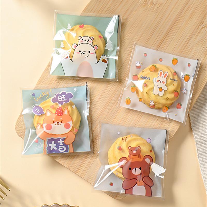 100Pcs 7x7cm Small Plastic Cartoon Animal Printed Self-Adhesive Packaging Cookie Candy Bags Child Birthday Party Favors