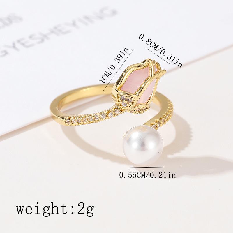 Tulip pearl ring, women's fashion flower bud niche design, index finger rings