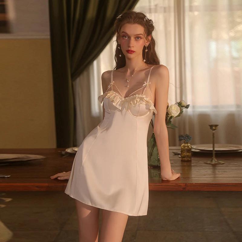 Sexy Pajamas Women's Summer Dress Satin Pleated Patchwork Fungus Lace Suspender Nightgown Women's Sexy Nightgown