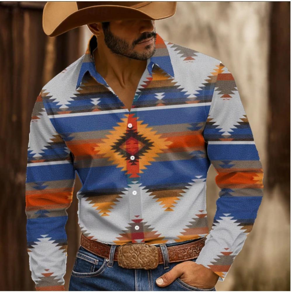 Men's Geometric Pattern Printed Long Sleeve Shirts Casual Cardigan New Button Holiday Fashion Shirts