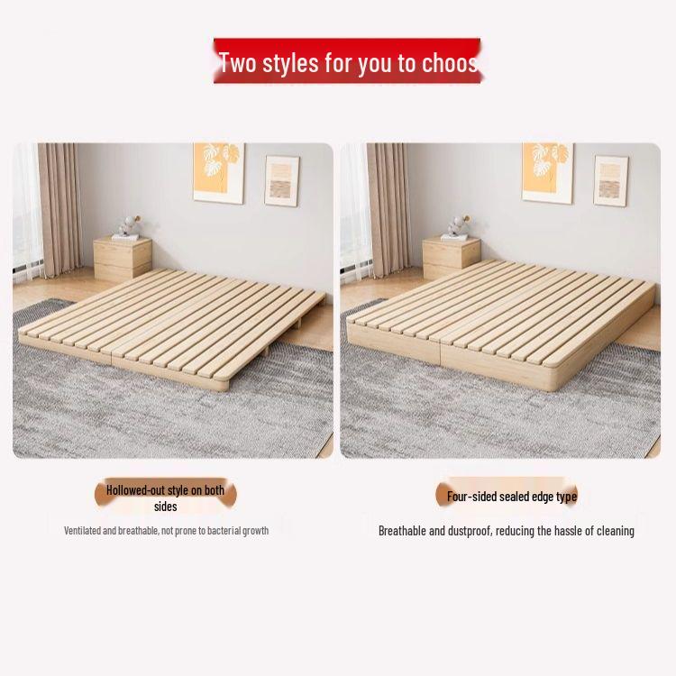 Japanese Tatami Solid Wood Moisture-Proof Low Bed with Slat Base - No Headboard, Double Floor-Standing Simple Platform Design.