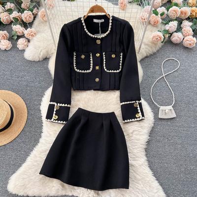 Automne Et Hiver Petit Manteau Court Parfum Veste Décontractée Boutonnage Simple Femme Ensemble Deux Pièces Jupe Taille Haute