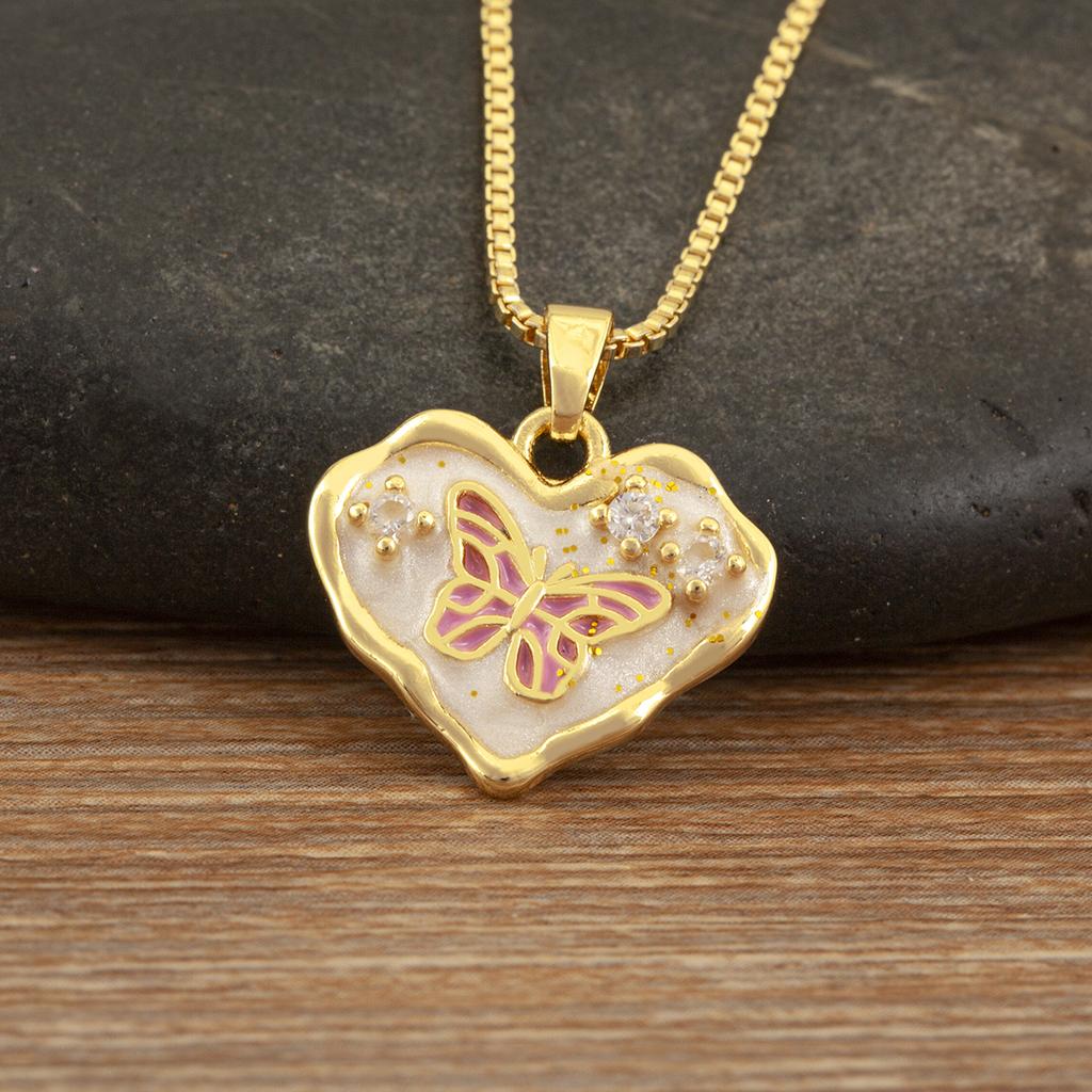 Nidin Hot Sale Flower/Butterfly Art Design Enamel Oil Drop Pearl Charm Pendant Necklace For Women Heart/Round Delicate Jewelry
