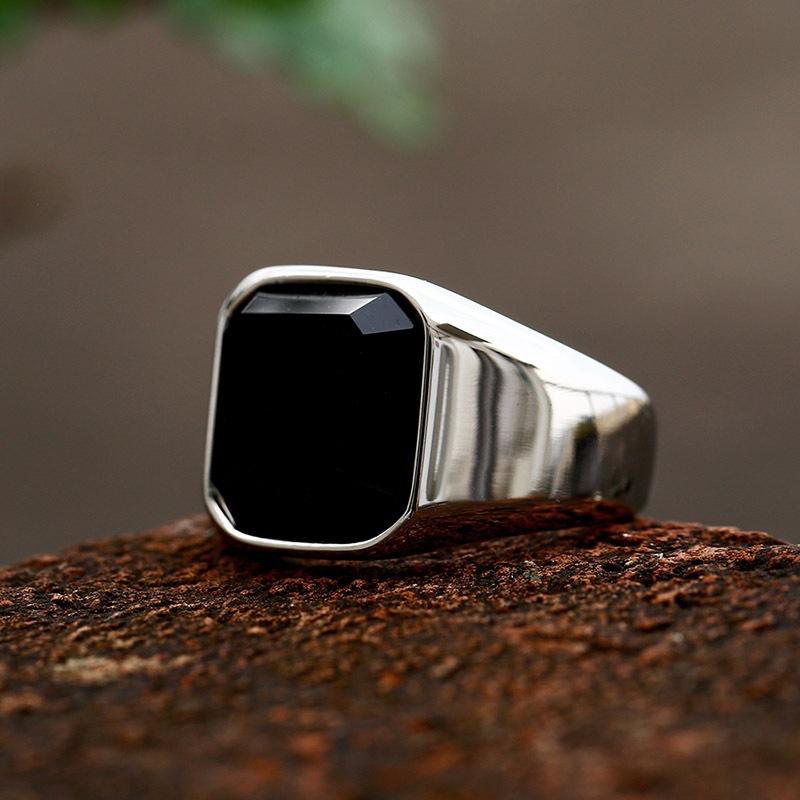 Fashionable Retro Domineering Men's Simple Square Black Agate Punk Hip-hop Street Silver Ring
