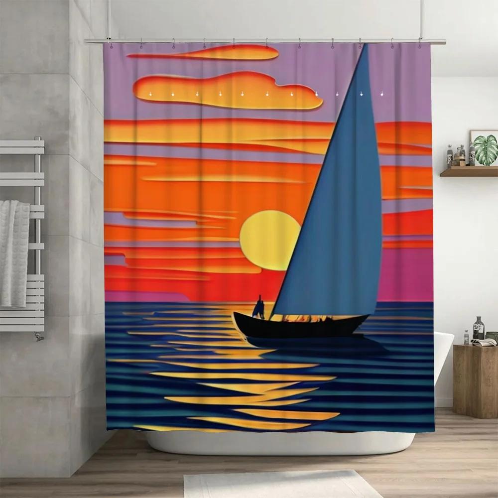 Modern Style Sunset Sailboat Bath Shower Curtain Waterproof Fabric Decorative Door Hanging Home Decoration