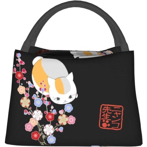 Natsume's Book of Friends Nyanko-sensei Insulated Lunch Bag with Clasp Closure, Black, Bento Box, Insulated, Cooler Bag with Zipper, Compact, Lunch Ba