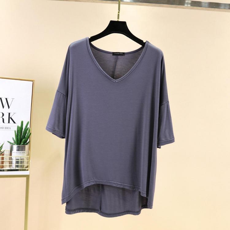 Women Casual Comfortable Summer Loose Fit Large Size Modal V Neck T Shirt Half Sleeve High Low Hem Top