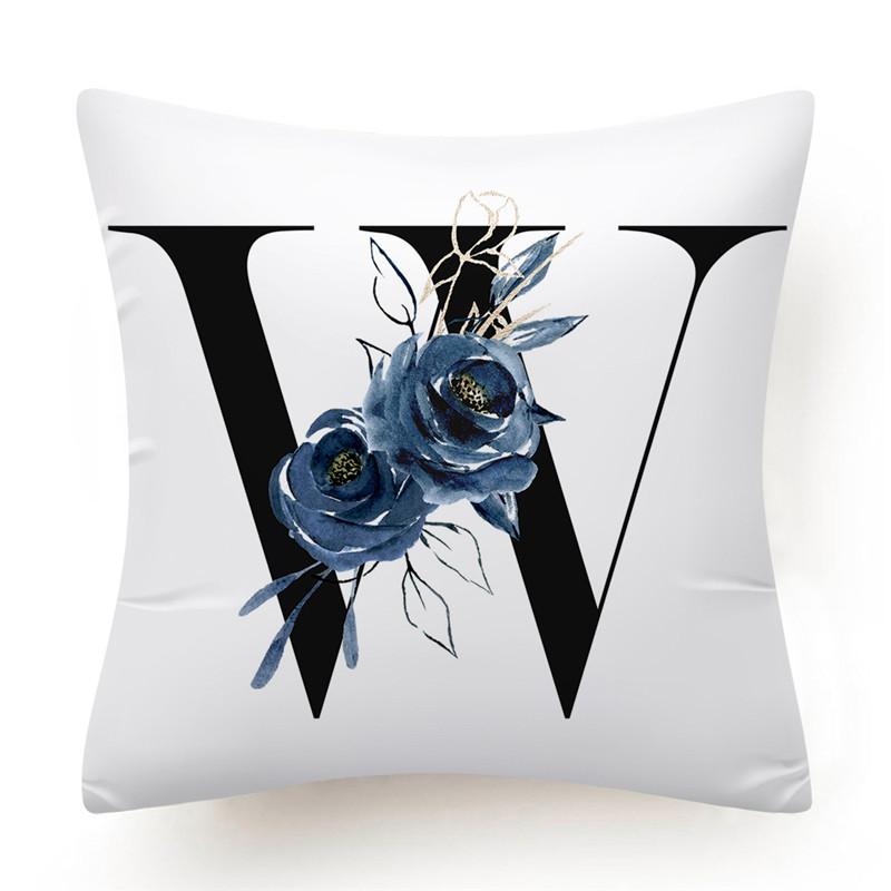 Floral Alphabet Cushion Cover 45x45 Blue Flowers Pillowcase Decorative Sofa Cushions Throw Pillows  Home Decor Pillow Cases