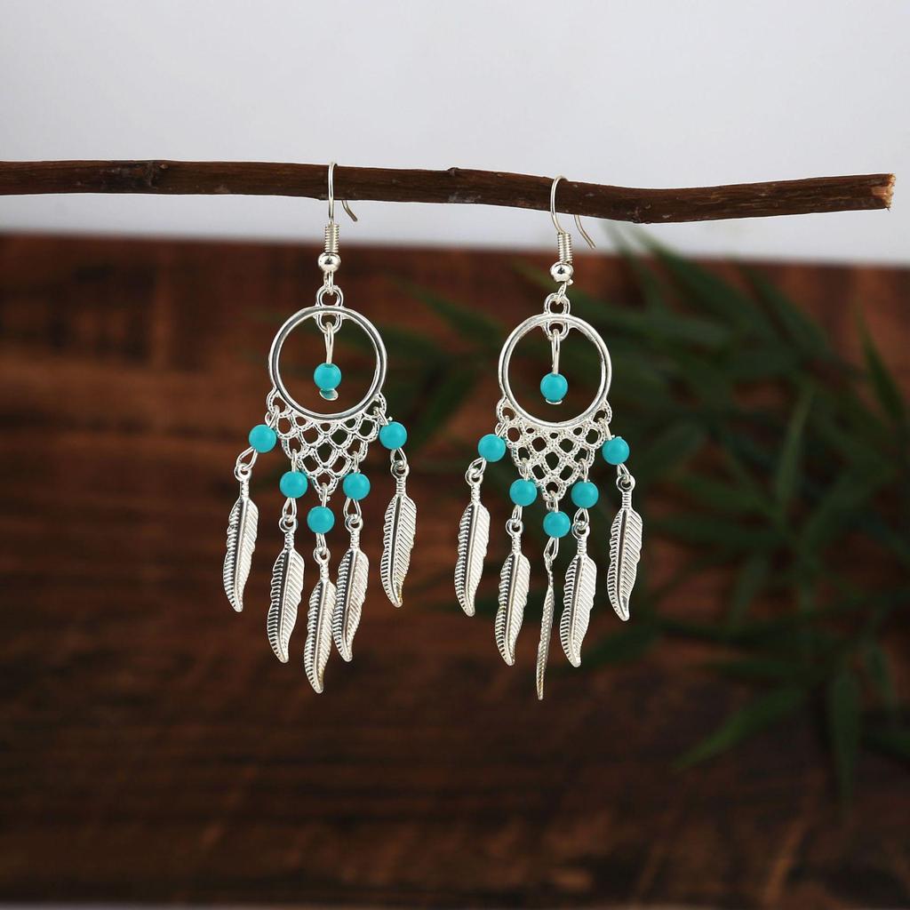 Ethnic Feather Tassel Dangle Earrings - Imitation Miao Silver Style, Popular Tourist Item, Cute Bean Design.