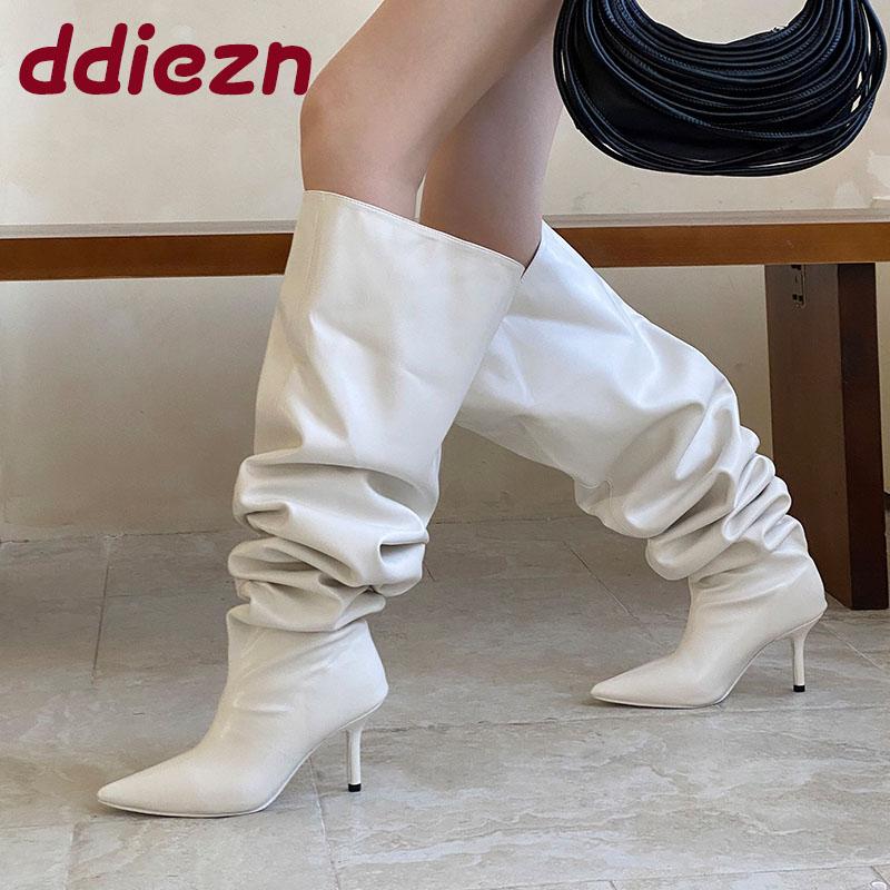 Fashion Fashion Pleated Ladies Modern Boots Slip On Shoes Pointed Toe Women Knee High Boots With Thin Heels Shoes Female Pumps