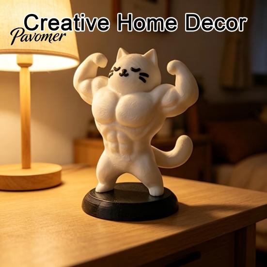 Office Desk Accessories 3D Printed Muscle Cat Figurine, Funny Strong Animal Ornament for Cute Home Office, Creative Sculpture with Base, Unique