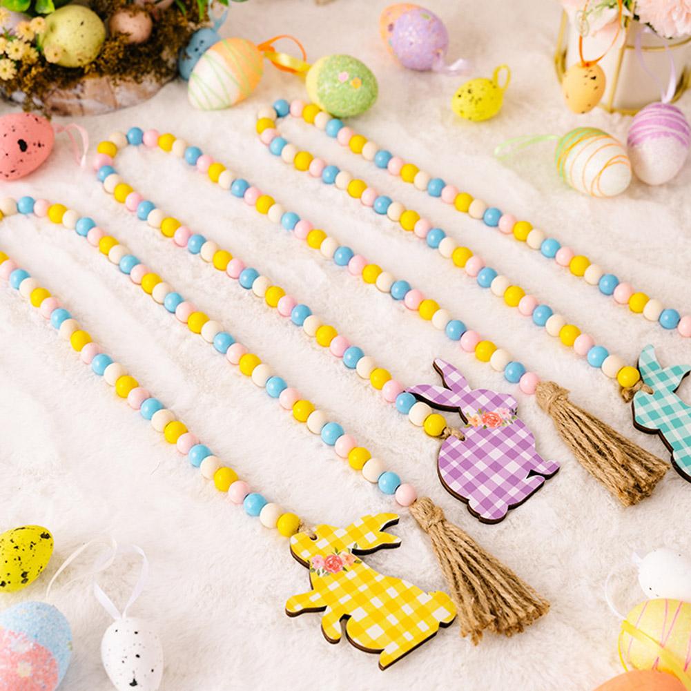 Easter Colorful Wooden Beads Hanging Garland With Plaid Print Rabbit Pendant For Easter Holiday Party