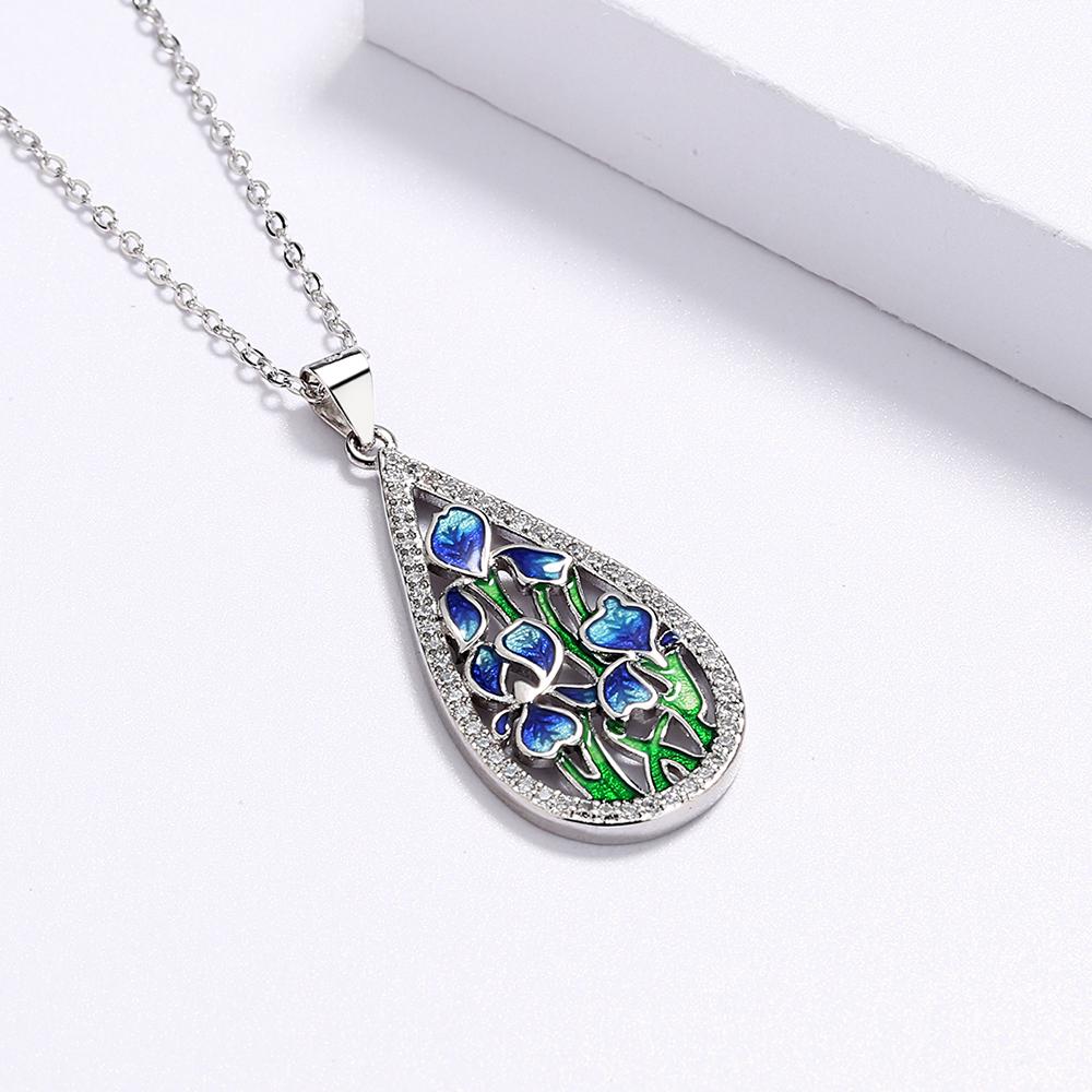 925 Fashion Blue Flower Ladies Pendant Necklace Handmade Enamel Jewelry Wedding Birthday Party Pendant Necklace Women's