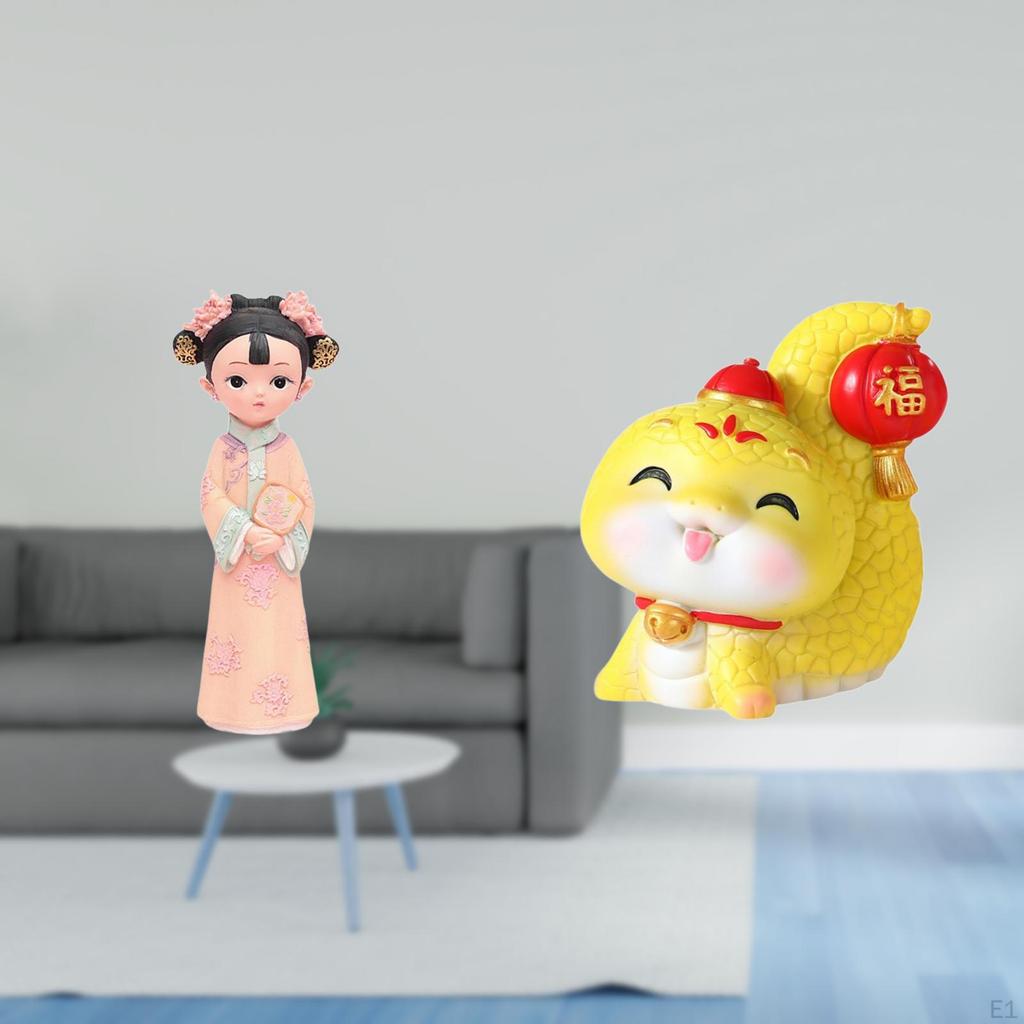 Traditional Chinese Girl And Cartoon Snake Resin Statue Sculpture Decorative Miniature Figurine