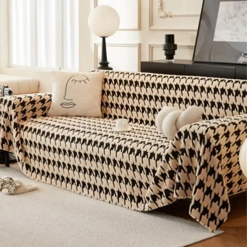 Simple Plush Thousand Bird Grid Sofa Cover Integrated Full Coverage Protective Cushion Sleeve Fashion Cotton Decor Couch Mat