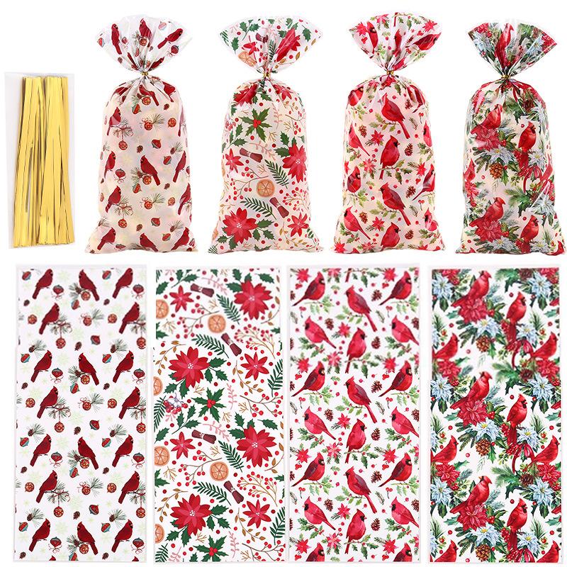 50Pcs Xmas Cookie Packing Bags With Ribbon Ties Christmas Party Treat Candy Bag Festival Party Favor Gift Printing Christmas