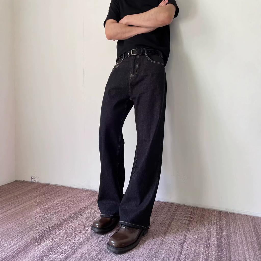 American casual simple minimalist versatile solid color jeans men's loose straight wide legs mopping long pants men's clothing
