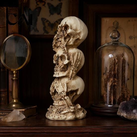 Decorative Bone Sculpture Stacked Skull Heads Statue, Gothic Resin Figurine, See Speak Spooky Haunted House Props Hear No Evil Skulls for Halloween